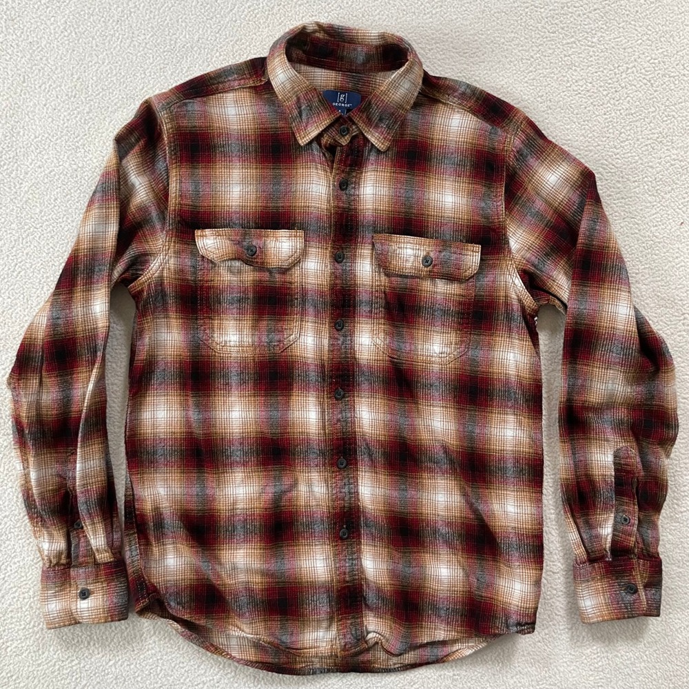 George Flannel Shirt Mens Small Red Brown Plaid Button Down Cabincore Classic